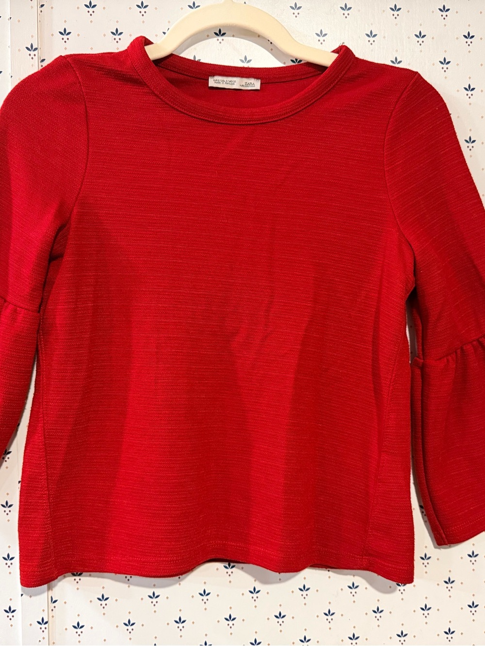 Zara W/B Collection Red Ribbed Knit Dramatic Fluted Bell Sleeve Top Small